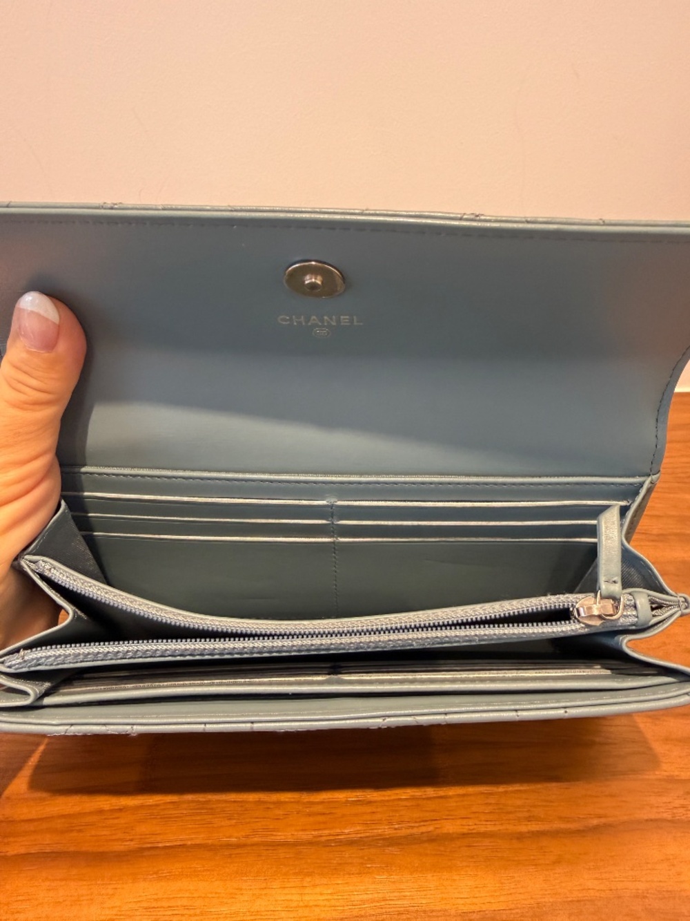 Chanel Lambskin Camellia Embossed Long Double Wallet with Studs in Blue - Picture 2 of 7